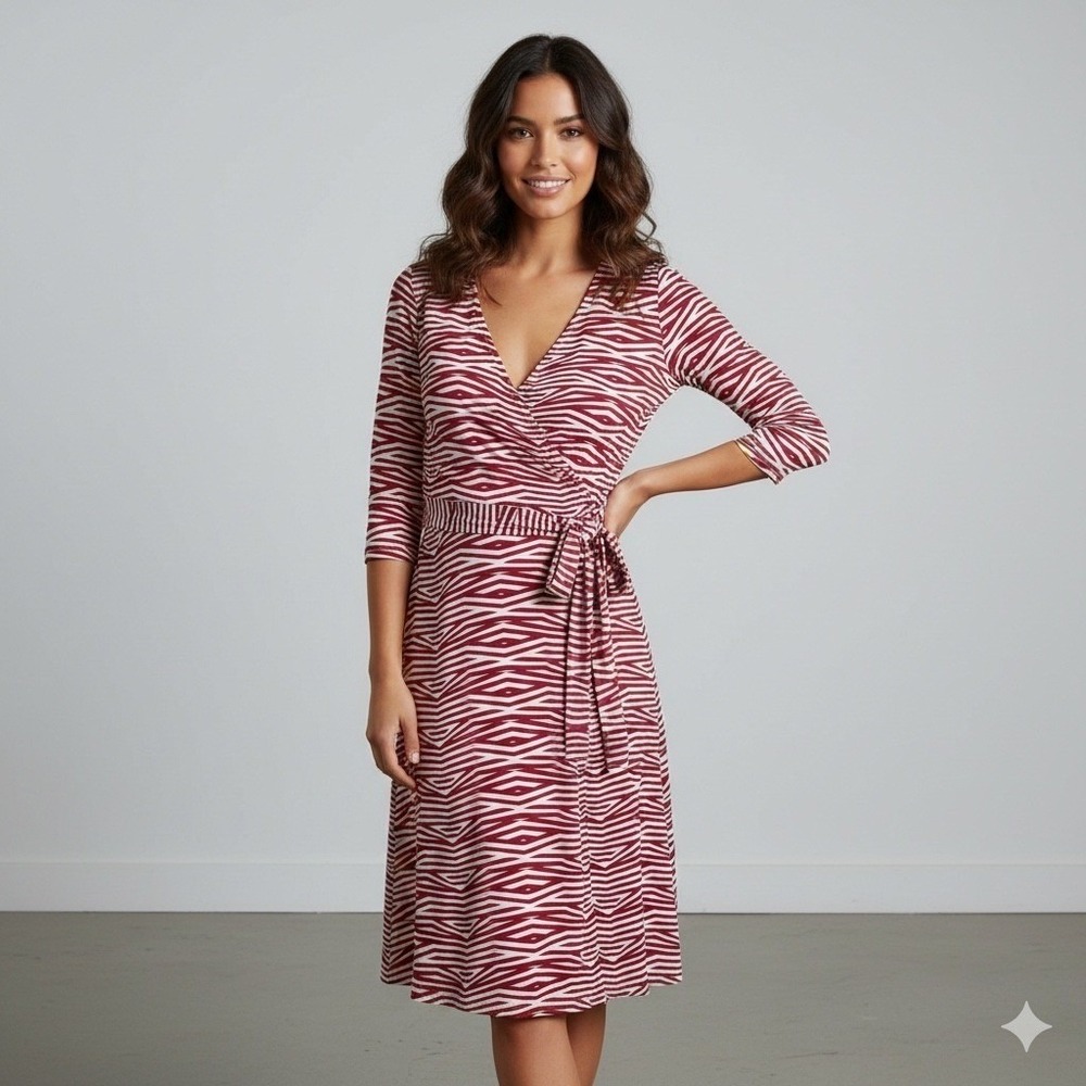41 Hawthorn Red White Abstract Print Wrap Midi Dress Size Medium